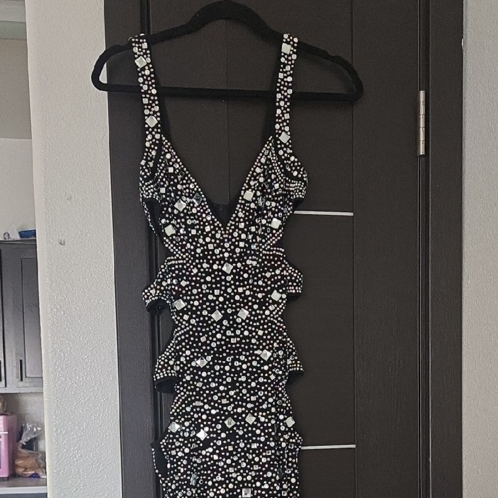 Black Silver Embellished Bodycon Dress Plunge Neckline